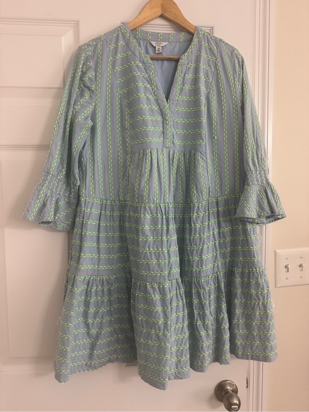 crown & ivy Light Blue Dress with Lime Green Embroidered Trim
